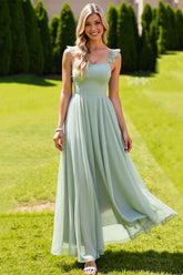 Salbeigrünes Chiffon Spaghettiträger A-Linie Brautjungfernkleid